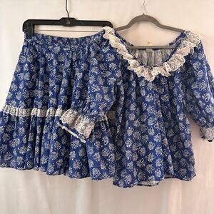 VTG Rockmount Ranch Wear Western Set Square Dance Skirt & Top Blue Bows Floral